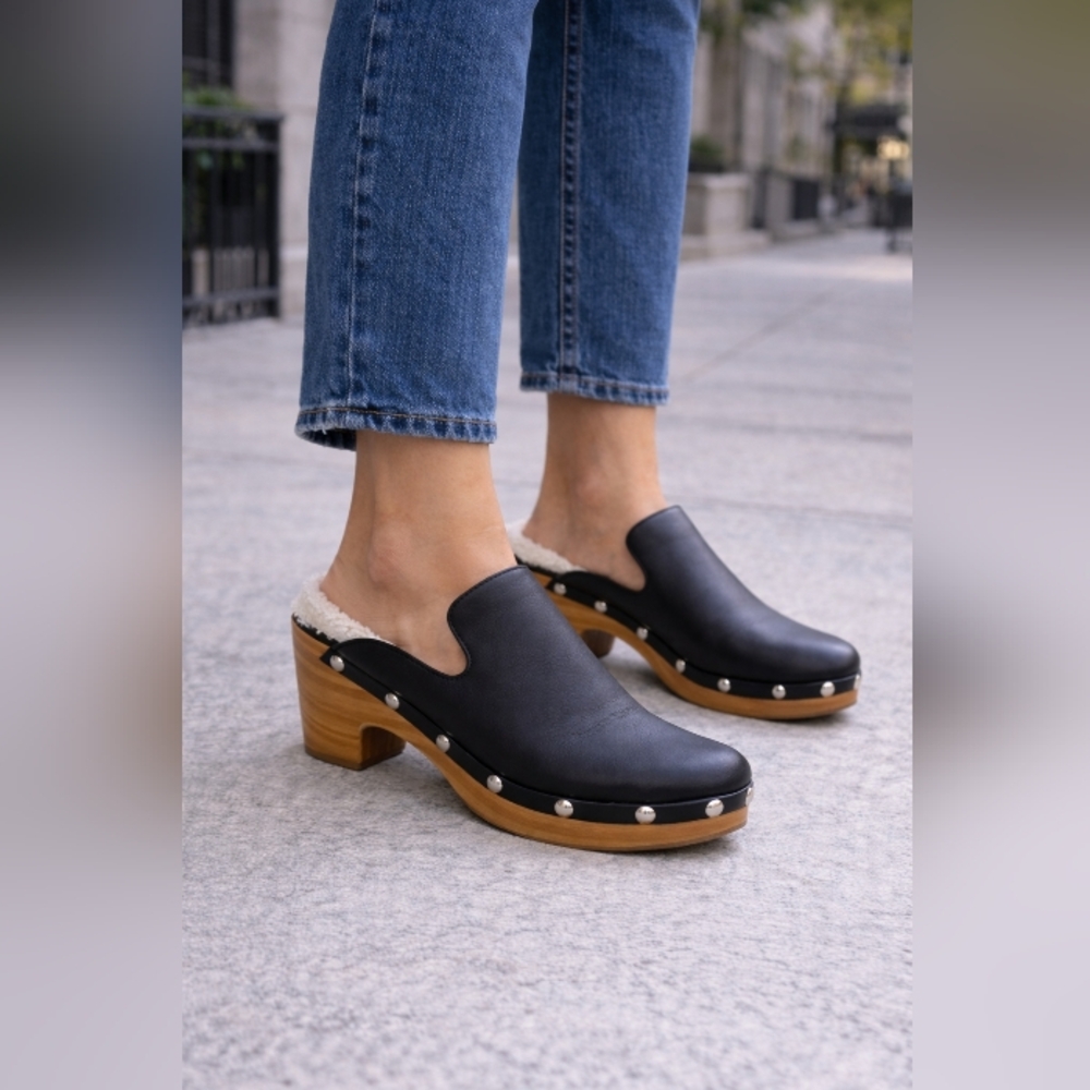 Chinese Laundry Black Faux-Shearling Studded Clog Heels